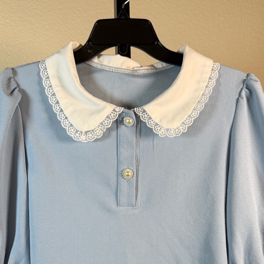 Blue Puff Sleeve Peter Pan Collar Top Shein Lace Trim Cropped Mod Preppy Blouse - Picture 3 of 12